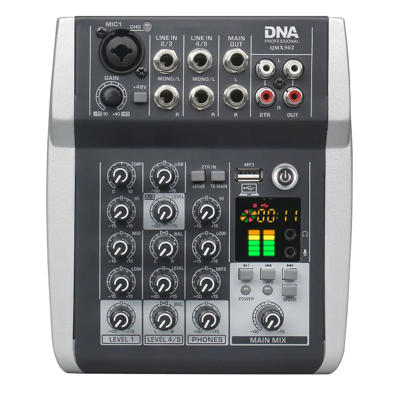 DNA DNA QMX502 analogowy mikser dźwięku 5 kanałów Bluetooth USB MP3 Phantom +48V akumulator 2500 mAh - zdjecie 10