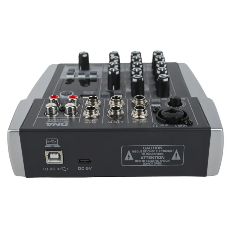 DNA DNA QMX502 analogowy mikser dźwięku 5 kanałów Bluetooth USB MP3 Phantom +48V akumulator 2500 mAh - zdjecie 3