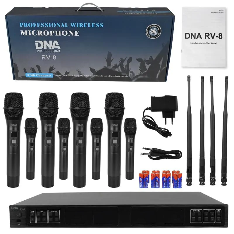 DNA DNA RV-8 zestaw bezprzewodowy 8x bateryjny mikrofon doręczny odbiornik UHF 610-690 MHz 8x40 kanałów