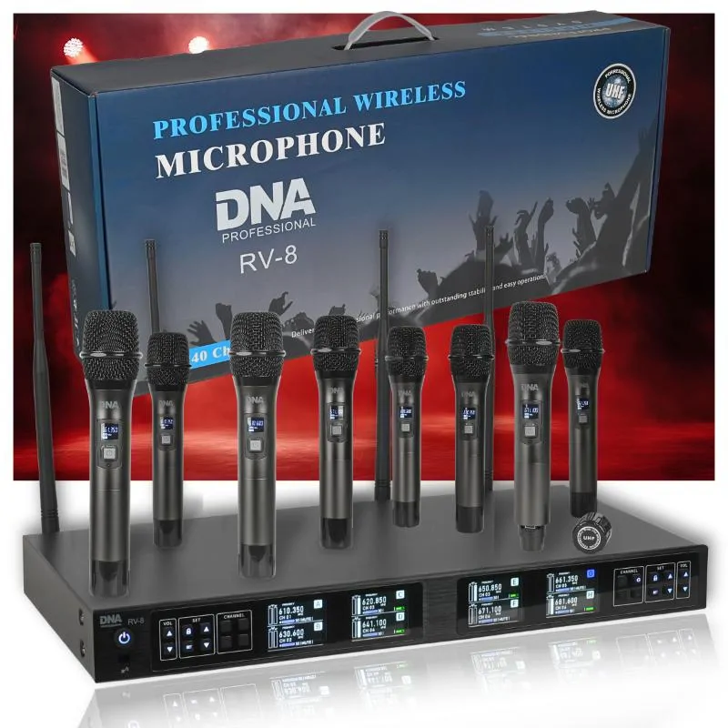 DNA DNA RV-8 zestaw bezprzewodowy 8x bateryjny mikrofon doręczny odbiornik UHF 610-690 MHz 8x40 kanałów - zdjecie 3