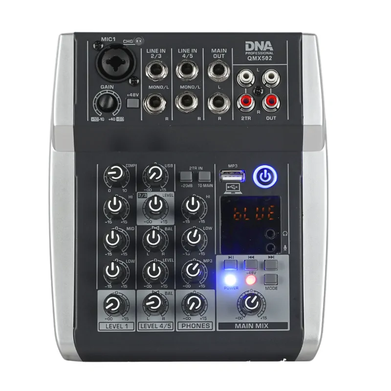 DNA DNA QMX502 analogowy mikser dźwięku 5 kanałów Bluetooth USB MP3 Phantom +48V akumulator 2500 mAh - zdjecie 4