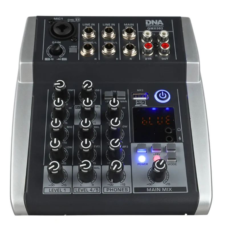 DNA DNA QMX502 analogowy mikser dźwięku 5 kanałów Bluetooth USB MP3 Phantom +48V akumulator 2500 mAh - zdjecie 5
